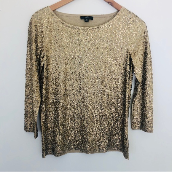 J. Crew Gold Sequined 3/4 Sleeve Shimmer Party Top - Picture 5 of 8